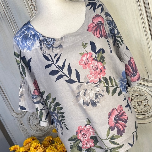 Laura Bianchi Made in Italy 100% Linen Floral Print Women's Top - Picture 2 of 10